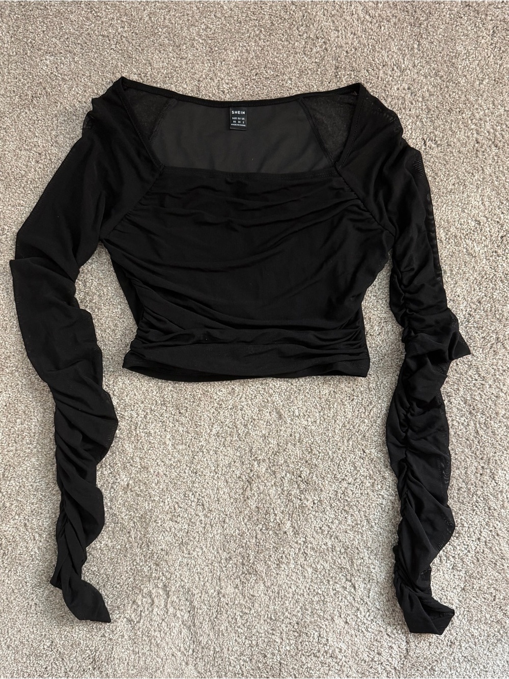 Shein Black Ruched Mesh Sleeves Crop Top